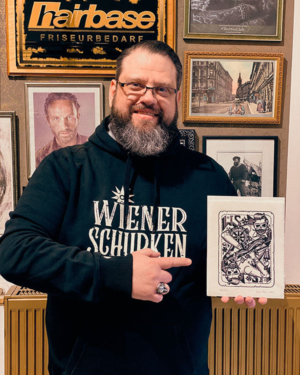 WIENER SCHURKEN - STRAWANZA ASS - Linoldruck 18x23,5cm